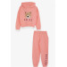 Girl's Tracksuit Set Cute Teddy Bear Printed Salmon (5-10 Years)