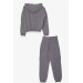 Girl's Tracksuit Set Letter Printed Cargo Pocket Dark Gray Melange (8-14 Years)