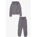 Girl's Tracksuit Set Letter Printed Cargo Pocket Dark Gray Melange (8-14 Years)