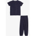 Girl's Pajamas Set Polka Dot Patterned Navy (4-8 Years)