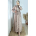 Lace Detailed Shawl Pattern Linen Dress Beige