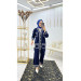 A Navy Blue Hijab Set, A Cardigan And White Striped Pants