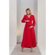 فستان نسائي طويل للحوامل لون أحمر من قماش الشيفون