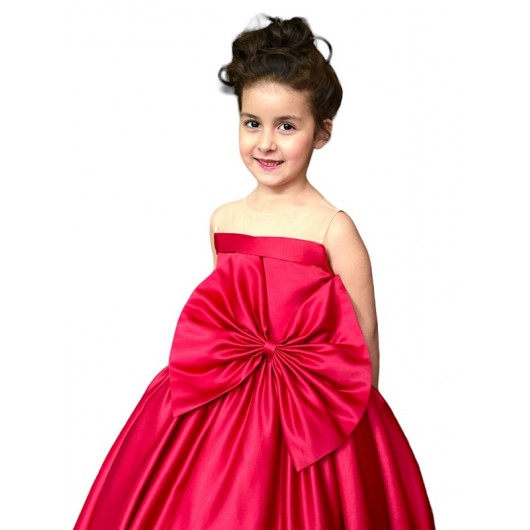 فستان بناتي بفيونكيه لون أحمر