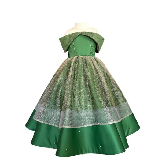 Girls' Green Satin Off-The-Shoulder Dress