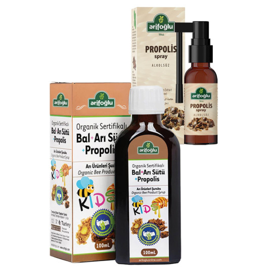 Organic Honey Royal Jelly/Propolis For Kids 100Ml + Throat Spray With Propolis Extract 20Ml Arifoğlu