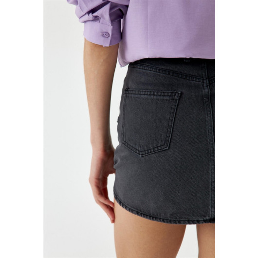 Asymmetric Cut Anthracite Mini Denim Skirt