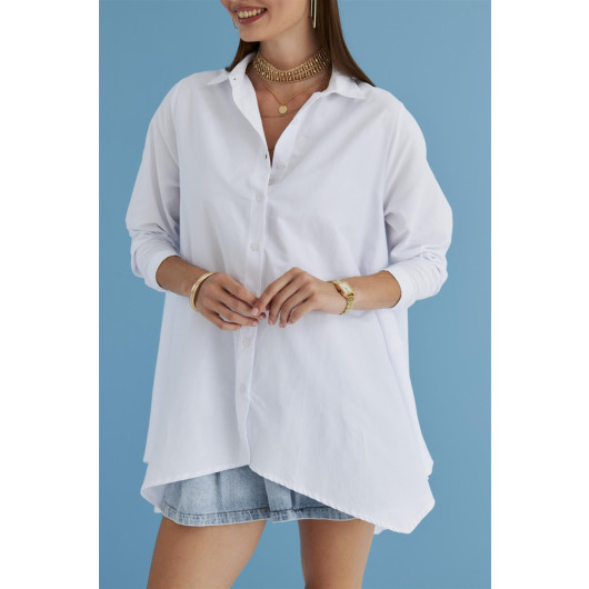 Asymmetrical Cut Poplin White Women's Shirt