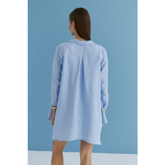 Asymmetrical Cut Poplin Blue Women's Shirt