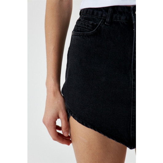 Asymmetric Cut Black Mini Denim Skirt