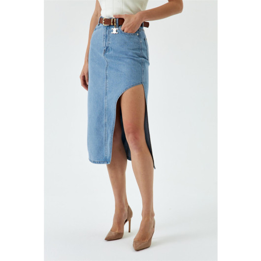 Asymmetrical Slit Detailed Blue Midi Denim Skirt