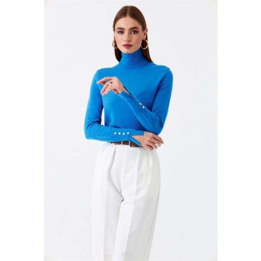 Turtleneck Sleeve Drop Knitwear Blue Women's Sweater