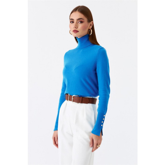 Turtleneck Sleeve Drop Knitwear Blue Women's Sweater
