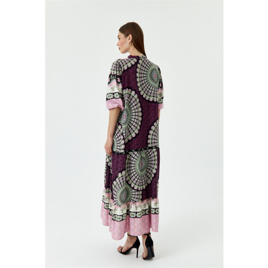 Balloon Sleeve Patterned Lilac Dress