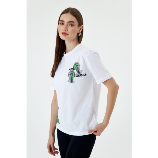 Printed Crew Neck White Women's T-Shirt