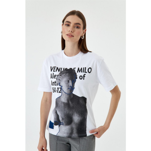 Printed Short Sleeve White Women's T-Shirt