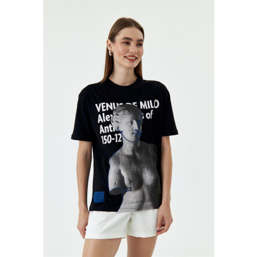 Printed Short Sleeve Black Women's T-Shirt