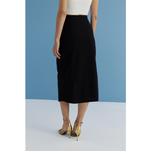 Wrapped Black Midi Skirt With Waist Detail