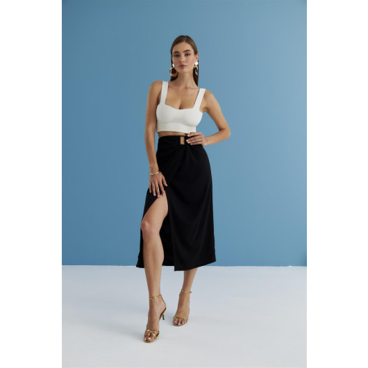 Wrapped Black Midi Skirt With Waist Detail