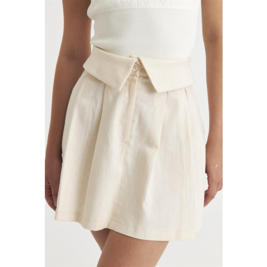Waist Detailed Gabardine Beige Mini Skirt