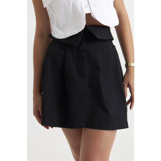 Waist Detailed Gabardine Black Mini Skirt