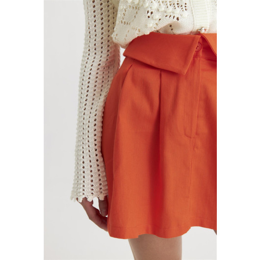 Waist Detailed Gabardine Orange Mini Skirt