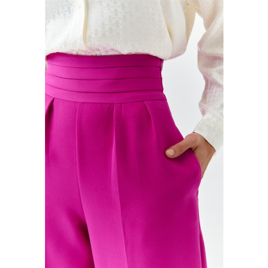 Waist Detailed Wide Leg Fuchsia Women's Fabric Trousers