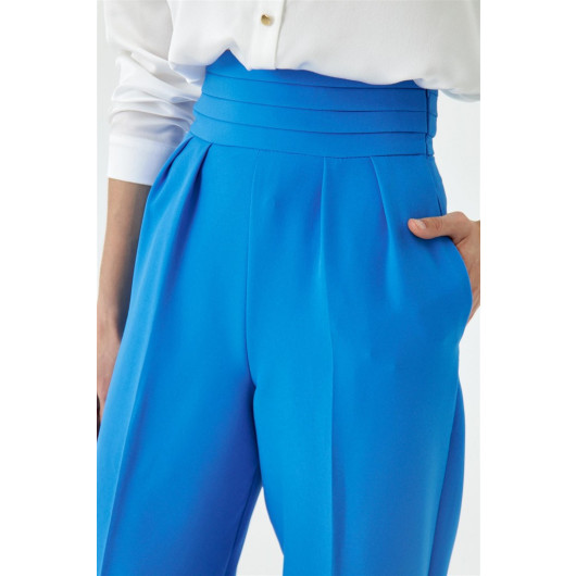 Waist Detailed Wide Leg Blue Women's Fabric Trousers