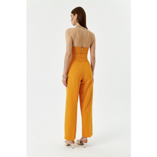 Waist Detailed Wide Leg Orange Women's Fabric Trousers