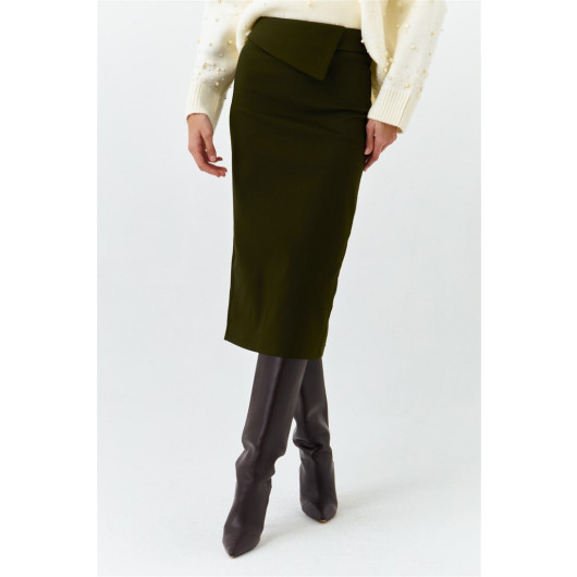 Waist Detailed Midi Length Khaki Women's Pencil Skirt