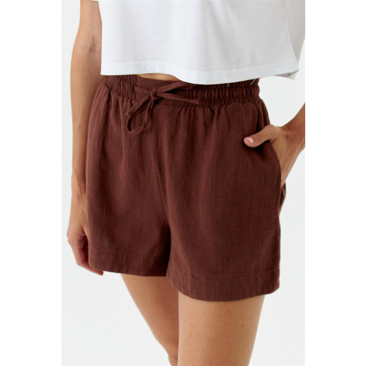 Elastic Waist Bermuda Linen Brown Women's Shorts