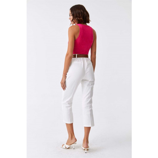 Gabardine White Women's Trousers With Elastic Waist Belt