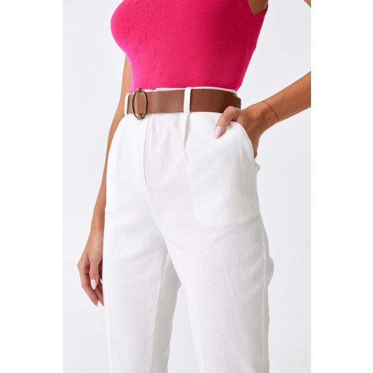 Gabardine White Women's Trousers With Elastic Waist Belt