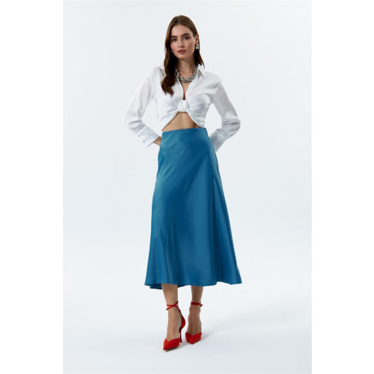 Elastic Waist Blue Satin Skirt
