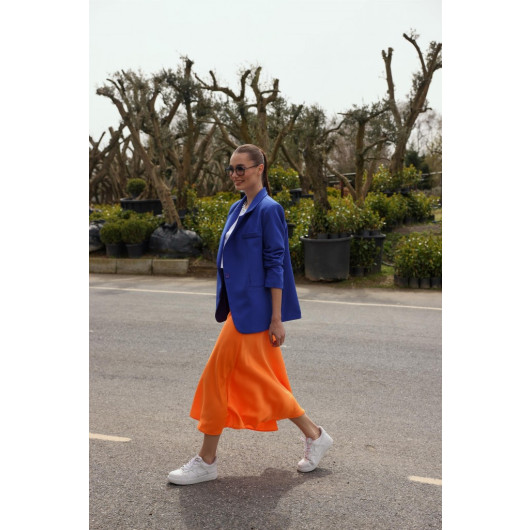 Neon Orange Satin Skirt With Elastic Waist