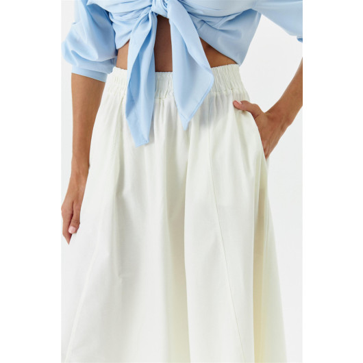 Poplin Ecru Midi Skirt With Elastic Waist