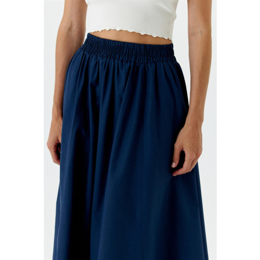 Elastic Waist Poplin Navy Blue Midi Skirt