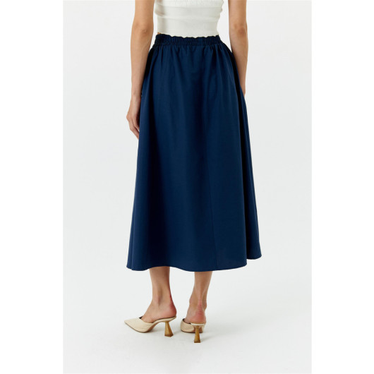 Elastic Waist Poplin Navy Blue Midi Skirt