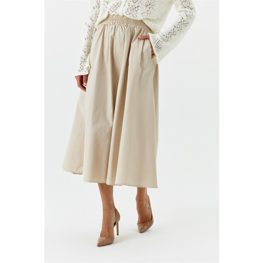 Elastic Waist Poplin Stone Midi Skirt