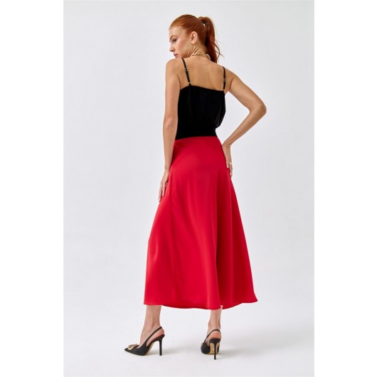 Elastic Waist Satin Red Skirt