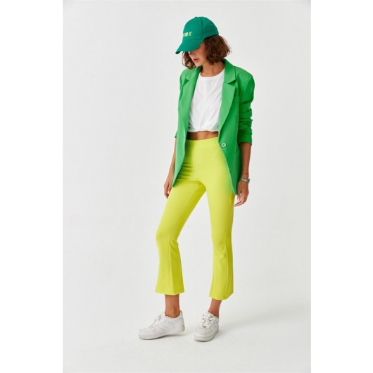 Elastic Waist Half Spanish Leg Neon Green Women's Trousers