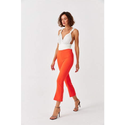 Elastic Waist Half Spanish Leg Orange Women's Trousers