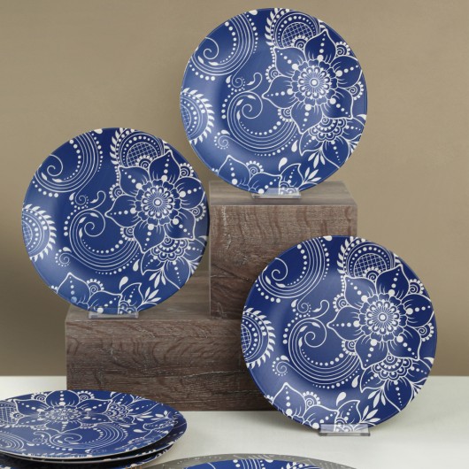 Serving Dish With Carnations Drawing, 26 Cm, 6 Pieces, Blue Color - 18945