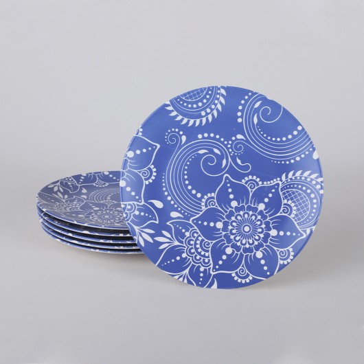 Serving Dish With Carnations Drawing, 26 Cm, 6 Pieces, Blue Color - 18945