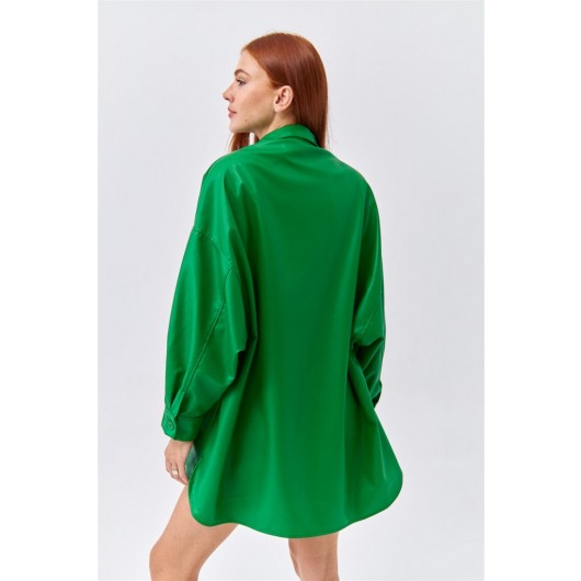 Double Pocket Faux Leather Green Women's Shirt Jacket