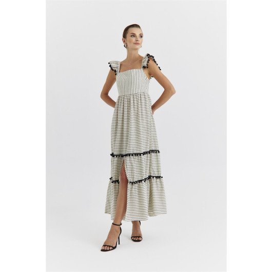 Striped Strap Linen Blended Black Maxi Dress