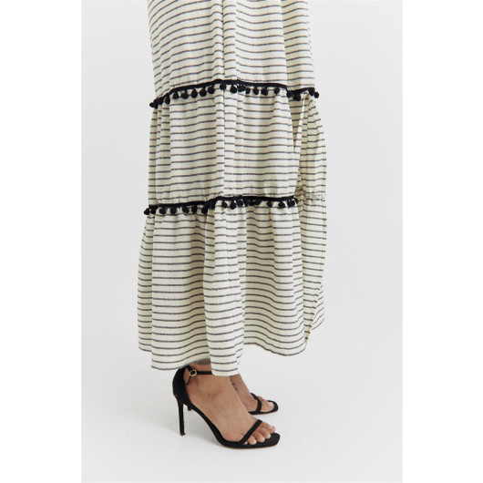 Striped Strap Linen Blended Black Maxi Dress