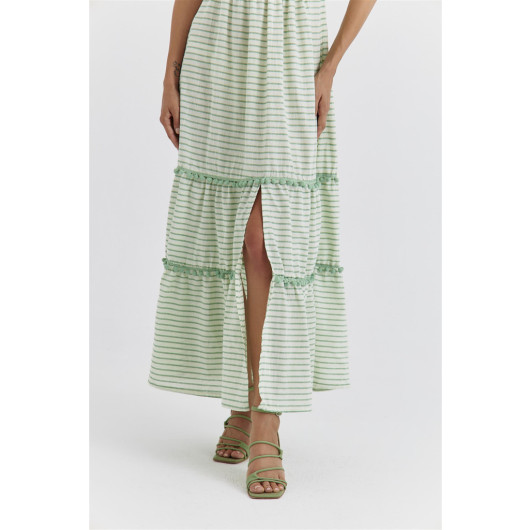 Striped Strap Linen Blend Green Maxi Dress