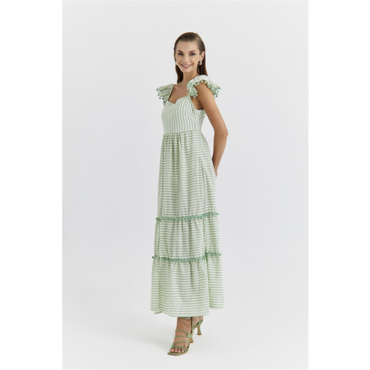 Striped Strap Linen Blend Green Maxi Dress