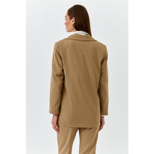 Striped Blazer Jacket Pants Beige Women's Suit